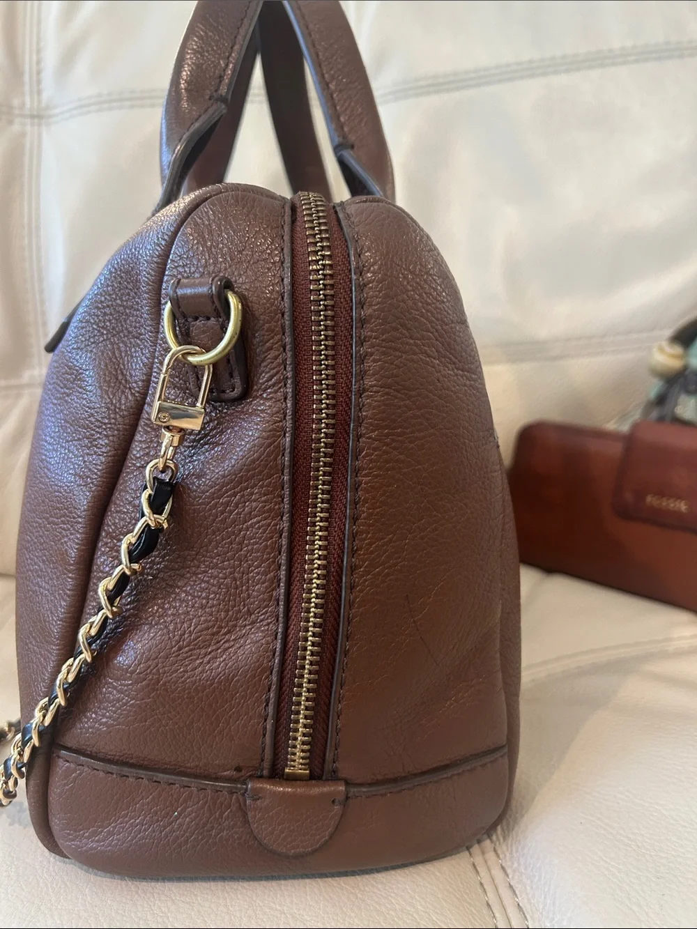 Fossil Fiona Vintage Dark Brown Leather Satchel w/Fossil Madison Long Wallet